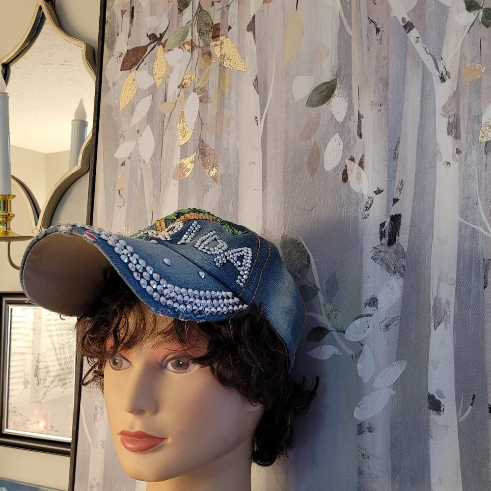 Florida Palm Trees Bedazzled Vintage Look Denim Asjustable Adult Ball Cap